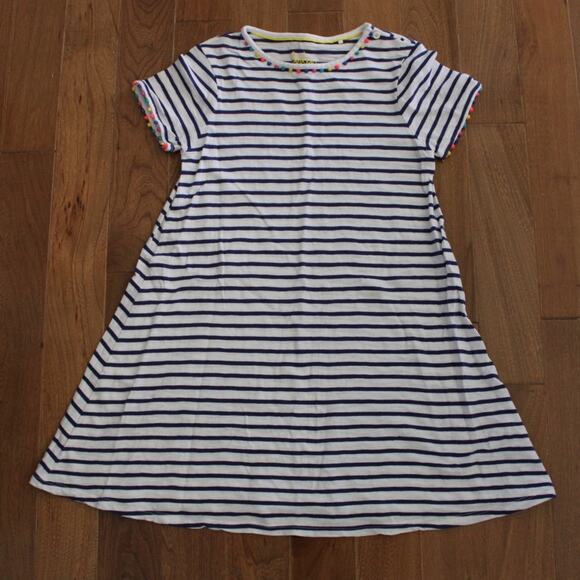 Boden Other - Girls Boden short sleeve cotton t-shirt dress white blue stripe pom trim 9-10 Y